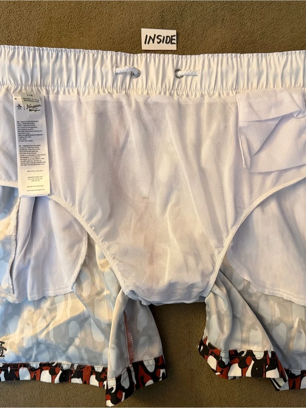 Original Penguin Rust, White & Black Penguin-Print Swim Trunks